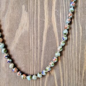 Vintage Cloisonne Bead Knotted Necklace With Cloisonne Flower Box Clasp